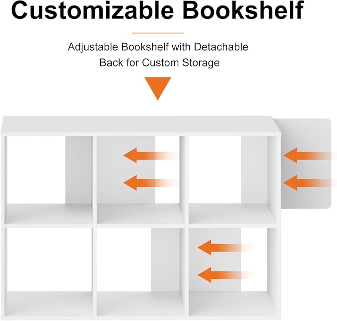 Sweetcrispy 6 Cube Storage Organizer, Stackable Modular Bookcase Shelf | Vertical or Horizontal Use, Fits 11×11" Bins, Removable Back Panels, for Living Room, Office, Entrance White Wood