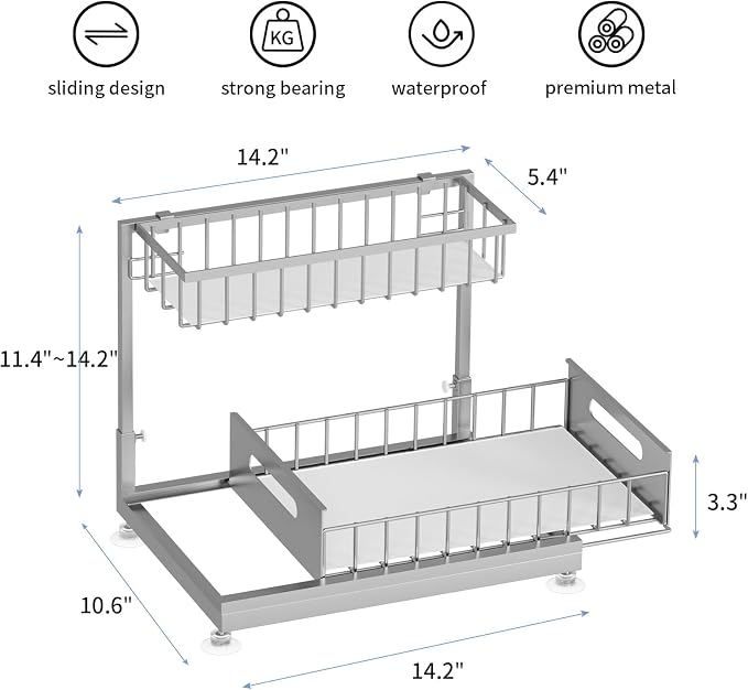 Saydear L-Shaped Under Sink Organizer, 2-Tier Pull-out Cabinet Rack 1-Pack | Grey Height-Adjustable Steel Rack, Sliding Grid Drawers with PP Liners, Holds 100 Lbs, Suction Base, Ideal Kitchen Storage
