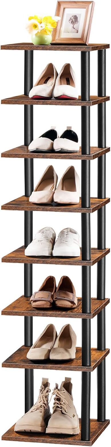 HOOBRO Vertical Shoe Rack, 8-Tier Narrow Shoe Shelf, Shoe Storage Organizer for Small Space, 11" L x 11" W x 53" H, Closet, Entryway, Hallway, Bedroom, Rustic Brown and Black BF22XJ01