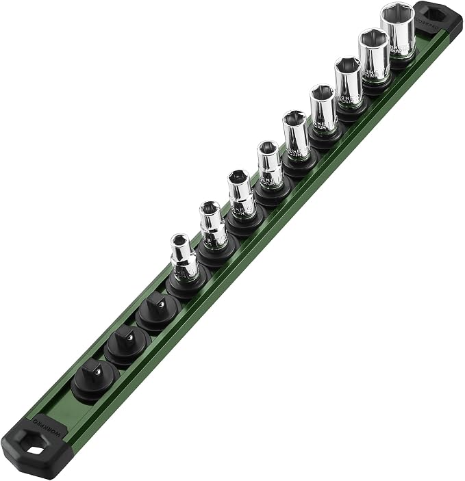 WORKPRO Magnetic Socket Organizer, Heavy Duty 1/4-Inch Drive Socket Rail | 1 Piece Socket Holder with 12 Spots, Aluminum Alloy, Rotatable & Movable Clips, Efficient Organization