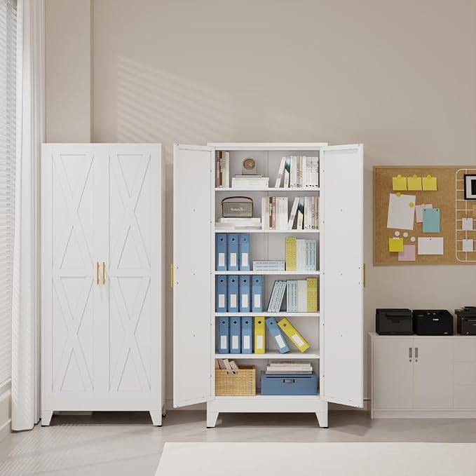 75.2" Tall Metal Kitchen Pantry Storage Cabinet, Freestanding Cupboard with 2 Doors and 5 Adjustable Shelves, Standing Storage for Kitchen, Bathroom, Garage, Dinning Room or Utility Room