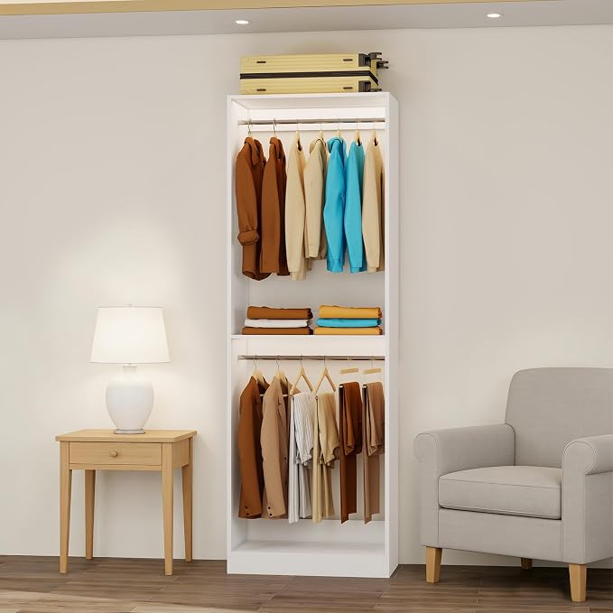 Fastgo Closet System with 3 Adjustable Hanging Rod ( 2 Interior, 1 Side), 2FT Small Hanging Closet Organizer System Wood