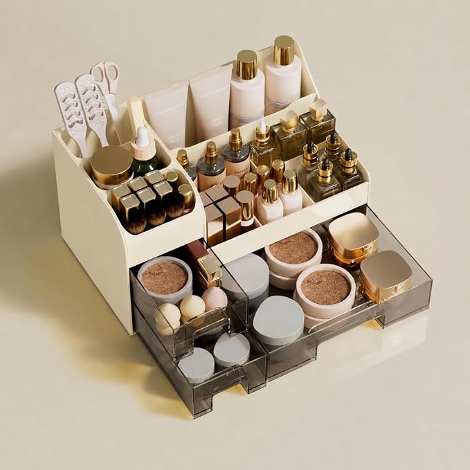 Makeup Organizer with Drawers,Large Cosmetic Storage Box,Countertop Skincare Organizer,ABS Makeup Brush Holder for Bathroom,Desk,Dresser,Multifunctional Beauty Display Case,Cream transparent