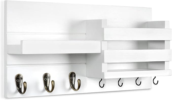 Lwenki Mail Organizer for Wall Mount – Key Holder with Shelf Includes Letter Holder and Hooks for Coats, Dog Leashes – Rustic Wood with Flush Mounting Hardware (16.5” x 8.7” x 3.5”)