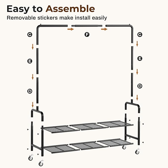 MISSLO Heavy Duty Clothes Rack with Shelves 46.5" Large Rolling Clothing Racks for Hanging Clothes, Garment, Coat, Black