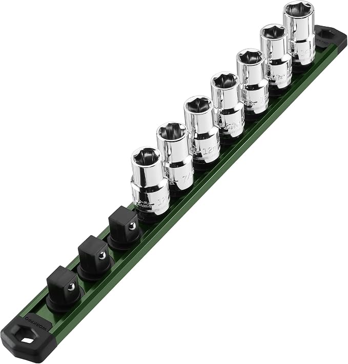 WORKPRO Magnetic Socket Organizer, Heavy Duty 1/2-Inch Drive Socket Rail | 1 Piece Socket Holder with 10 Spots, Aluminum Alloy, Rotatable & Movable Clips, Efficient Organization
