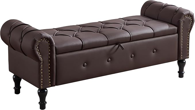 Storage Bench 51" Faux Leather End of Bed Benches Dark Brown | Queen Size Storage Bench for Bedroom with Rolled Arms Tufted Ottoman Benches Upholstered Bench for Living Room Entryway