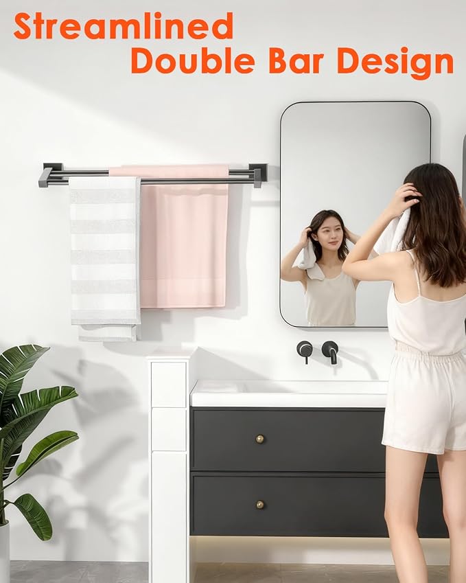 Alise Double Bath Towel Bar, 24" Towel Racks for Bathroom, Matte Black | SUS304 Stainless Steel Bathroom Towel Holder, Quick Drying Towel Hanger Towel Rod Wall Mounted, Useable Length 22.7"