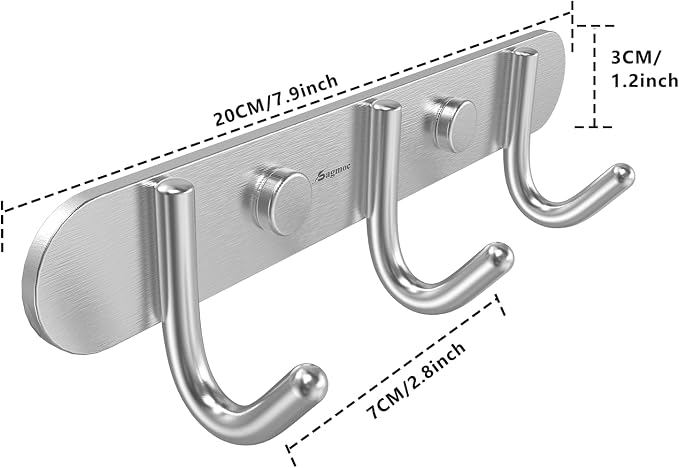 Towel Hook Rack Brushed Nickel 8-Inch Coat Hook Rail Wall Mounted with 3 Hooks, Durable Wall Hangers for Bedroom, Bathroom, Foyer, Hallway (304 Stainless Steel)