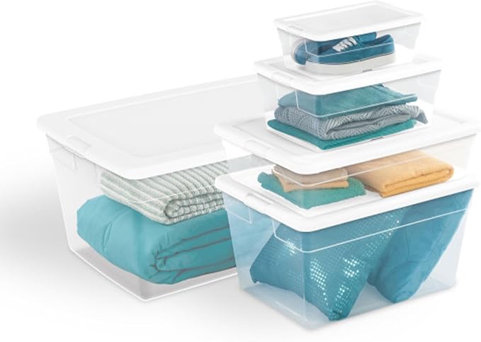 Sterilite 40 Pack Storage Box, 28 Quart Stackable Tote, Clear Plastic Container with Secure Snapping Lids for Home and Office Organization, White