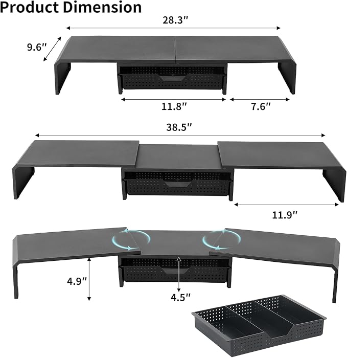 LEKETREE Dual Monitor Stand Riser with Drawer, Computer Stand for Desk, Workspace Desktop Stand, Desk Organizer for Computer, Laptop, TV and More (Black)