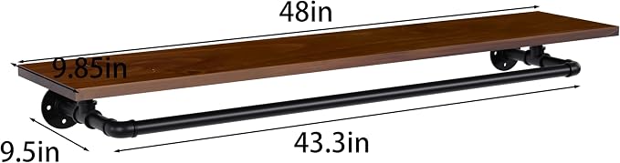 Clothes Rack 48in, Wall Mounted Garment Rack with Solid Walnut Wood Shelf, Heavy Duty Hanging Clothes Rack, Multi-Purpose Hanging Rod, Space-Saving Closet Storage