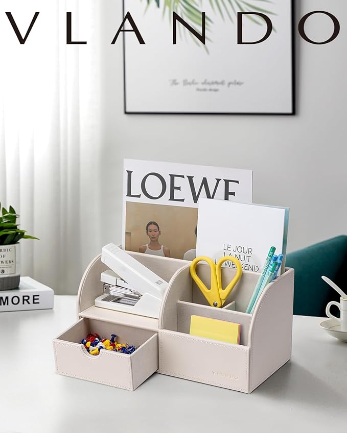 Vlando Office Desk Organizer Leather Desktop Organizer Caddy with Drawer for Storing Desktop Supplies and Accessories (White) | White leather desktop caddy with compartments and a drawer organizes pens, notes and supplies for a clean workspace