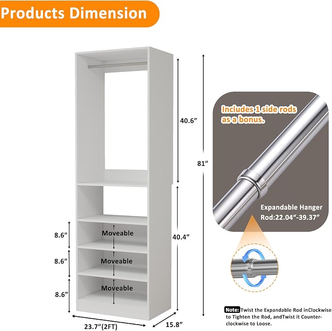 Closet System, 2FT Closet Organizer System with Adjustable Shelves and 2 Hanging Rods, Free Standing Walk-in Closet for Small Closets Engineered Wood, White