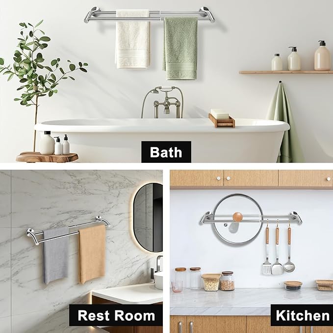 MGahyi Silver Telescopic Double Towel Bar Wall Mount 14.5-24.8Inch | Rustproof Towel Rack with Widened Spacing, Scratch-resistant & Durable for Bathroom Kitchen RV