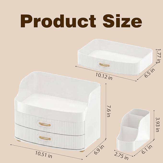 Makeup Organizer for Countertop Vanity Skincare Storage for Perfume Lipstick Bathroom Dresser Desk with Drawers And Brush Holder (White)