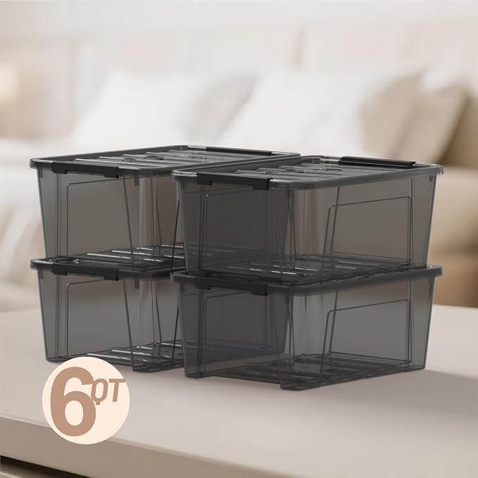 9-Pack Plastic Storage Bins with Lids, 6 Quart Stackable Organization Containers with Latch Buckle.Clear Black