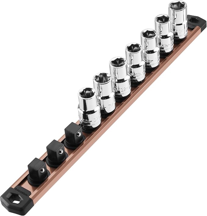 WORKPRO Magnetic Socket Organizer, Heavy Duty 1/2-Inch Drive Socket Rail | 1 Piece Socket Holder with 10 Spots, Aluminum Alloy, Rotatable & Movable Clips, Efficient Organization