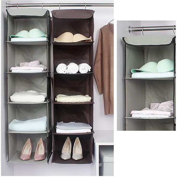 BrilliantJo 5 Shelves Hanging Closet Organizer, 2 Pack Hanging Storage with 6 Side Pockets for Clothes Bags, 43"x12"x12"(Gray)