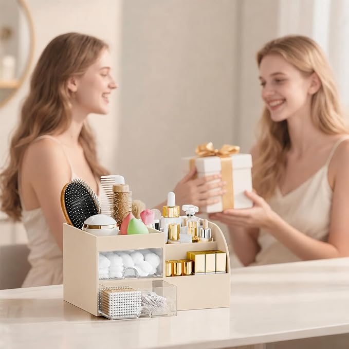 Makeup Organizer with 2 Drawers, Makeup Organizers Countertop for Vanity and Bathroom, Make up organization and Skincare Storage with Brush Holder, for Dresser, Desktop, Cosmetic Display Case (Beige)