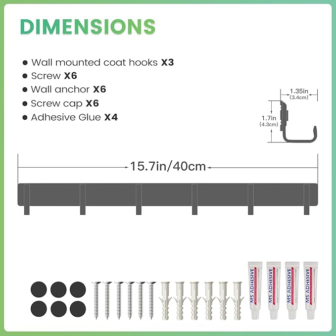 16-Inch Wall Mount Coat Rack with 6 Hooks, Compact Hooks for Hanging Coats, Hats, Bags and Purses in Entryway, Bedroom, Bathroom or Closet, Install with Strong Glue or Screws (3-Pack)