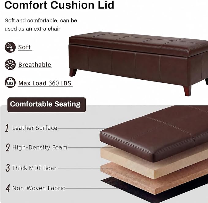 51" Coffee Brown Faux Leather Storage Ottoman | Foot Rest with Hinged Lid, Long Rectangle Bed Bench for Living Room, Bedroom, Entryway