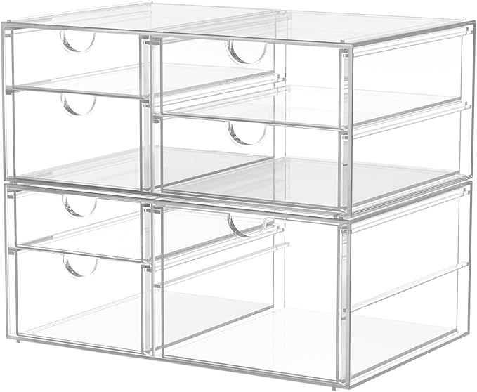 caktraie Acrylic 2-Pack 7-Drawer Makeup & Storage Organizer for Bath,Desk | Smooth-glide drawers, clear body, dustproof, wipe clean, for office supplies, pens, rings, earrings, tweezers, cotton swabs