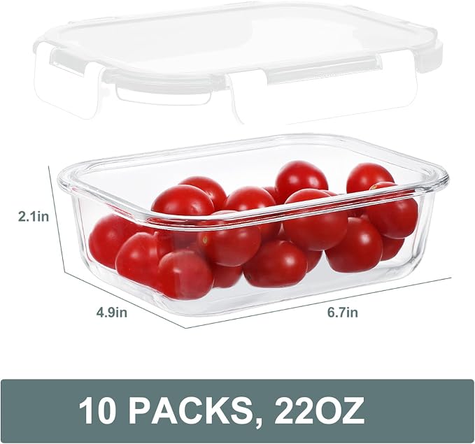 10 Packs 22 oz Glass Meal Prep Containers with Lids, White | Glass Food Storage Containers with Snap Locking Lids, Airtight Lunch Boxes, BPA-Free, Microwave, Oven and Freezer Safe