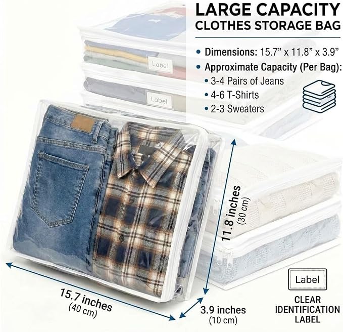 12Pcs Clear Storage Bags with Zipper, Blanket Storage Bags Plastic PVC Clothing Storage Bag, Bed Sheet Organizer Pillow (clear, 15.6 x 13.6 x 3.9 Inch)