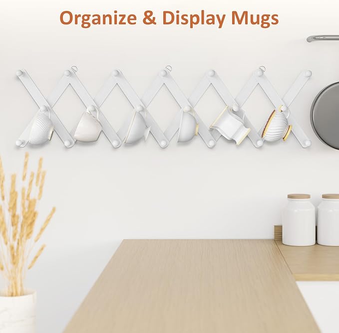 Accordion Wall Hanger, Hat Rack for Wall with 20 Coat Hooks, Expandable Hat Hangers Organizer, Vintage Decorative Coat Rack Wall Mount for Purse, Mug(White)
