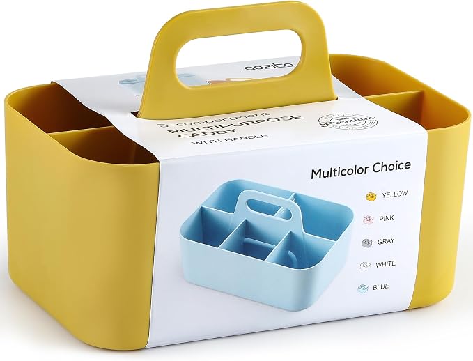 Multiuse Caddy Organizer with Handle, Portable Divided Plastic Tote Bin - Art Craft, Stationary Pen Marker Crayon, Makeup Hair Supplies Storage - Bathroom, Classroom, Dorm, Office, Desk Holder -Yellow