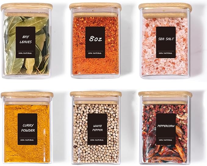 ComSaf Spice Jars 8oz Set of 6, Small Seasoning Containers with 9 Labels | Small Glass Jars With Labels, Empty Rectangle Canisters, Spice Rack Organization, Loose Tea, Herb, Powder, Dry Good, BPA Free