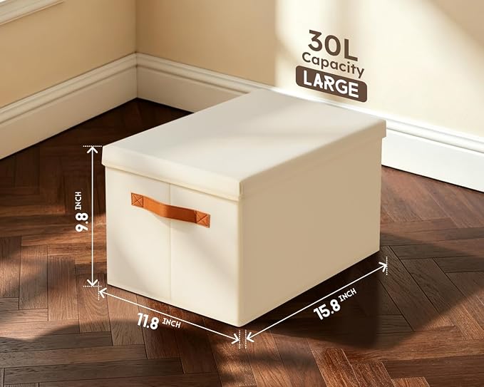 Homsorout Storage Bins with Lids - Large Fabric Closet Bins with Lid, 5 Pack Clothes Organizers and Storage, Collapsible Stackable Cube Basket for Home, Office, Dorm, Beige