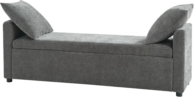HULALA HOME 59" Storage Bench with 2 Throw Pillows & Armrests, Charcoal | Modern Long Bedroom Bench for End of Bed, Comfy Upholstered Fabric Footstool for Entryway Living Room
