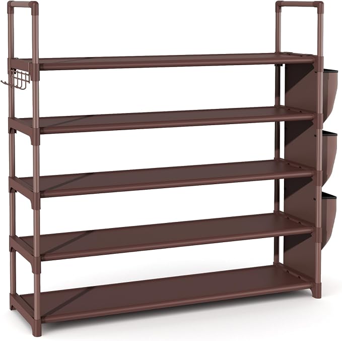 VILICK Shoe Rack for Closet Shoe Organizer Space Saver Storage for 20-25 Pair Shoe Shelf with Hook and Side Pocket Free Standing 5 Tier Shoe Rack Organizer for Entryway,Small Spaces, Brown