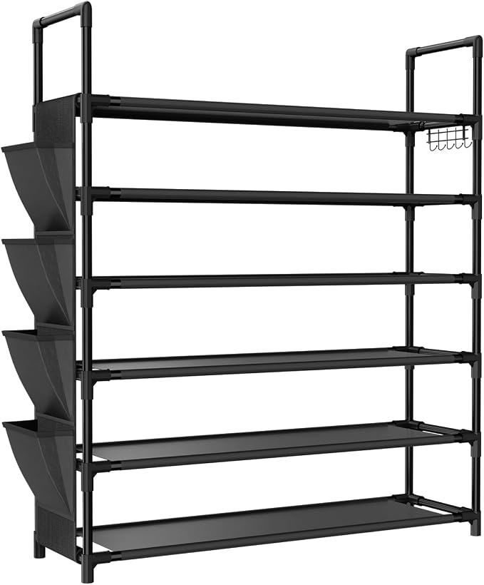 LANTEFUL 6 Tier Shoe Rack, Shoe Organizer Storage for 24-30 Pairs Shoe and Boot, Long Shoe Shelf with Hook and Side Pocket Free Standing Tall Shoe Rack Organizer for Closet, Entryway, Dorm