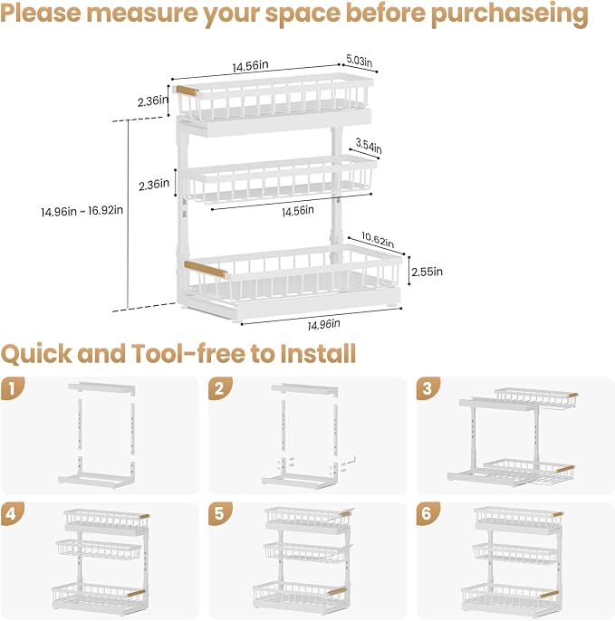 Under Sink Organizer and Storage 3 Tier Cabinet Pull Out Shelf Organizers | 2 Pack 3 Tier under sink storage for Bathroom and Kitchen Slide Out Drawer Organization for Home Cabinets Shelves and Drawers