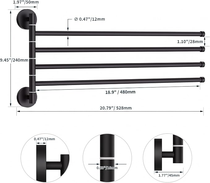 FORIOUS Swivel Towel Racks for Bathroom, 19.5" 4-Arm Towel Bar Matte Black | Rust Resistant, Stainless Steel, 180° Rotating Arms, Wall Mounted, Space Saving, for Bathroom, Kitchen, Laundry, RV and Pool