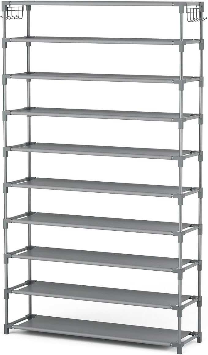LANTEFUL 10 Tiers Shoe Rack 50 Pairs Large Capacity Tall Shoe Organizer Sturdy Shoe Storage with Two Hooks Space Saving Metal Wide Shoe Rack for Closet, Entryway, Bedroom, Grey