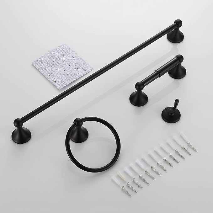 BGL Bathroom Accessory Set, Matte Black Adjustable Expandable Towel Bar 4-Piece Bathroom Hardware Set Wall Mounted Robe Hook Toilet Paper Holder Towel Ring Towel Bar