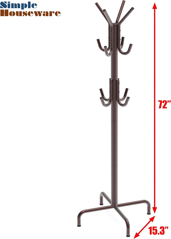 Simple Houseware Standing Coat/Hat Hanger Organizer Rack, 12 Hooks, Bronze | For Entryway, Bedroom, and Hallway