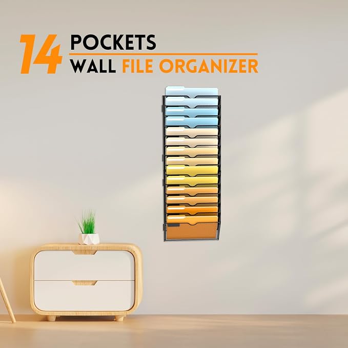 SUPEASY 14 Tier Wall File Organizer, Hanging Wall Mounted Mail Organizer with Label Slots, Metal Mesh File Holder Magazine Rack for Office, Home, School or Classroom, Black