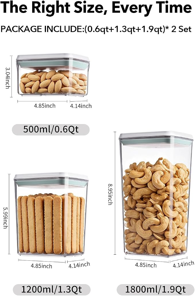 Airtight Food Storage Containers Set with One-Touch Lid, 6-Piece Multi-Size Set (0.6, 1.3, 1.9Qt)*2 Stackable Durable PET for Flour, Cereal, Snacks & Complete Pantry Organization