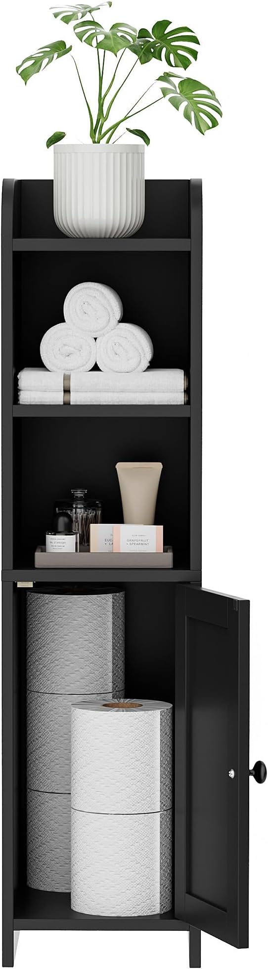 Homhedy Small Bathroom Storage Cabinet, Narrow Toilet Paper Cabinet | Corner Floor Cabinet with Door and Shelves, Slim Bathroom Cabinet for Small Spaces, 9.8" D x 7.9" W x 31" H, Black