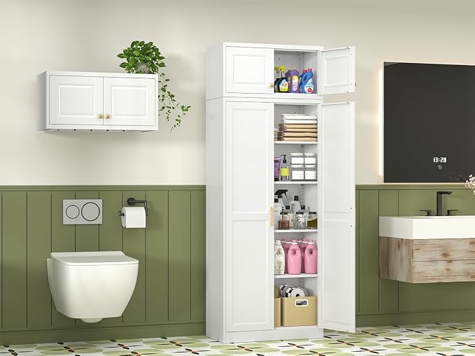 Polup 86" Tall Metal Kitchen Pantry Storage Cabinet with Doors and Shelves | Heavy-Duty White Cabinet, 4 Adjustable Shelving, Gold Handles, Magnetic Latch, for Dining Living Room, Bathroom & Garage