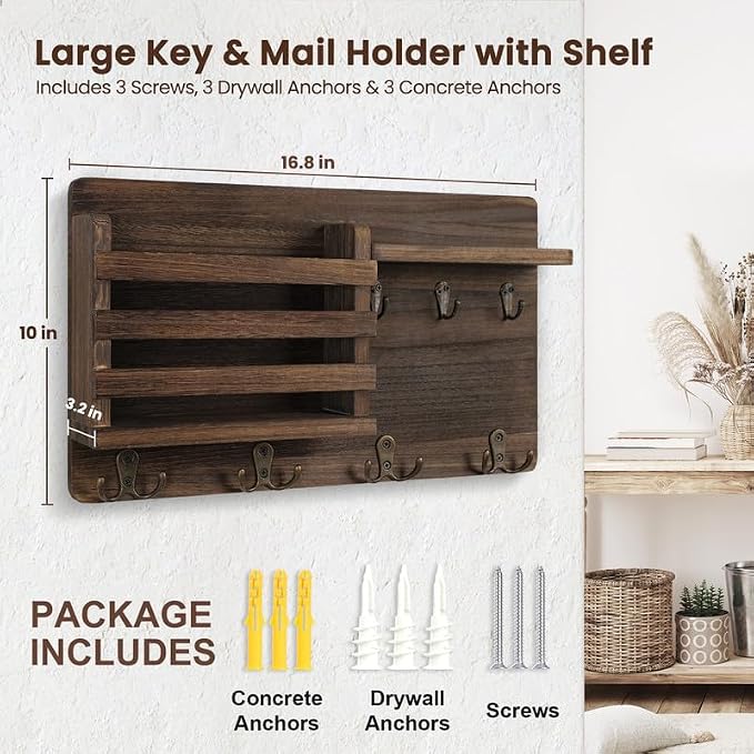 Nekon Mail Holder for Wall Mail Organizer with Key Hooks Hallway Farmhouse Decor Storage Racks with Floating Shelf and Flush Mount Hardware (16.8Inch x 10Inch x 3.2Inch)