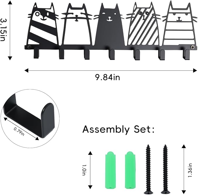 Key Holder Wall Mounted with Screws and Anchors, Black Multifunctional Key Hanger with 7 Hooks, Entryway Front Door Kitchen Hallway Garage Office