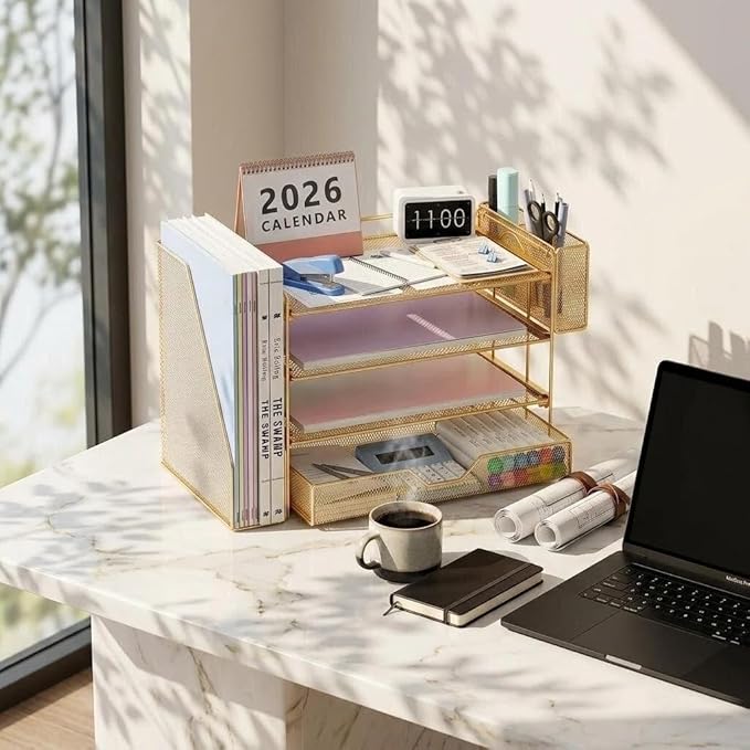 OPNICE Desk Organizer, 4-Tier Desktop File Organizer with Drawer and Pen Holders, Office Desk Accessories, File Sorters, Workspace Organizers for Office Supplies(Gold - Metal Pen Holder)
