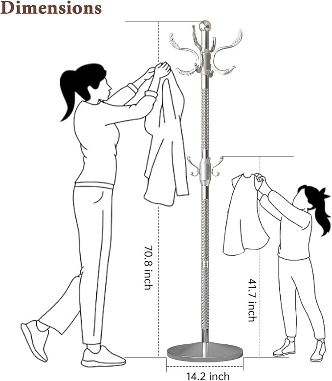 Metal Coat Rack Stand Coat Rack Freestanding with 12 Hooks,Silver | Sturdy Heavy Duty Modern Coats Tree for Bags Clothes Hall Tree Hats Hanger Holder Stand for Entryway Bedroom Hallway Office