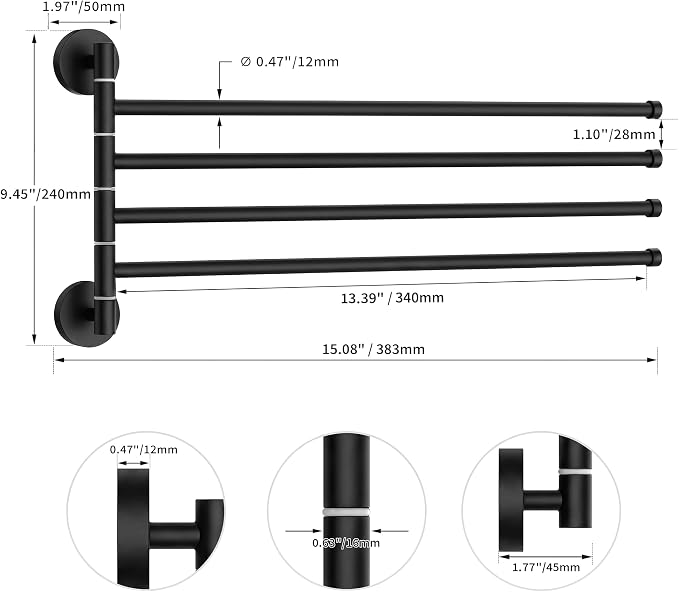 FORIOUS Swivel Towel Racks for Bathroom, 13.8" 4-Arm Towel Bar Matte Black | Rust Resistant, Stainless Steel, 180° Rotating Arms, Wall Mounted, Space Saving, for Bathroom, Kitchen, Laundry, RV and Pool